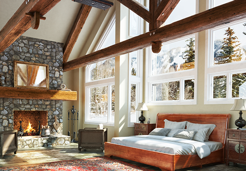 Interior of a luxury chalet, view of an outdoor mountain in winter