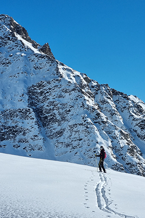 Skiing in front of the Bec des Rosses in La Chaux Verbier